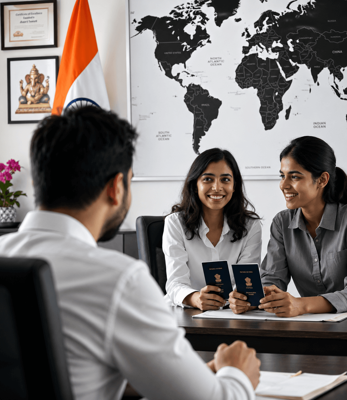 Travel consultants discussing passport and visa services with a client in an office